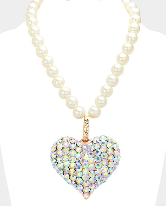 Pave heart pearl necklace