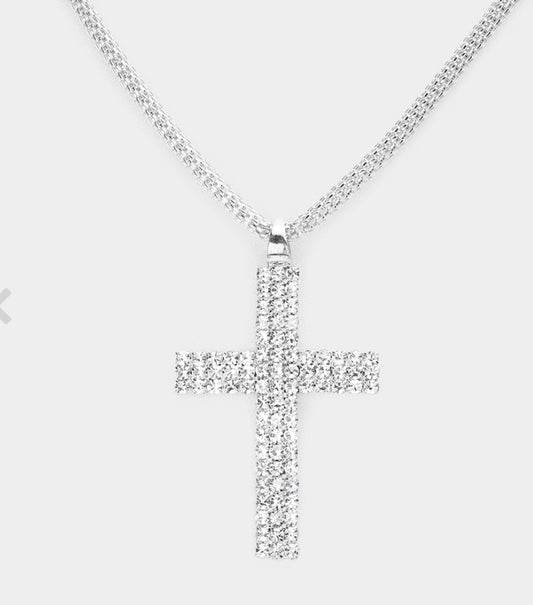 Rhinestone cross necklace. Silver