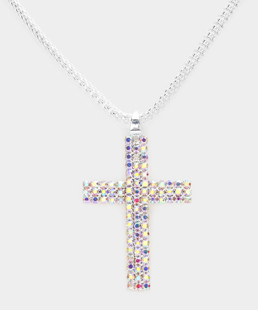 Rhinestone cross necklace. AB silver