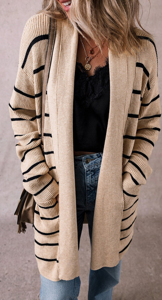 Tan and black stripes cardigan with pockets